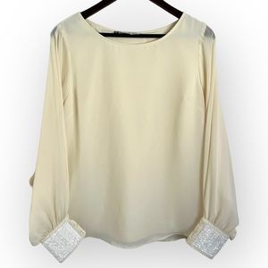 Jennifer Lopez | Women's Open Sleeve Cream Blouse with Sequin Cuffs Size Medium
